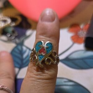 Turquoise and Red Heart Silver Ring